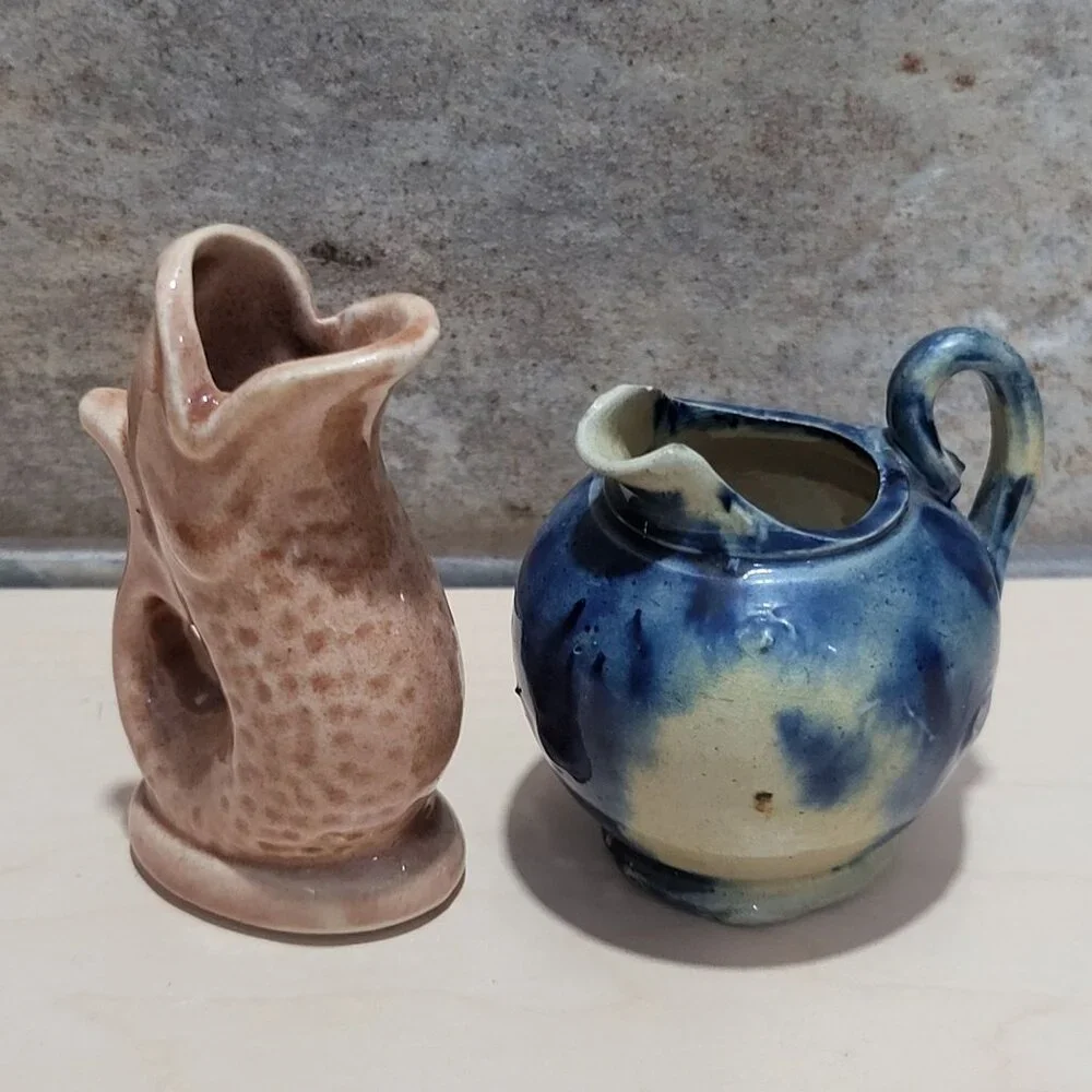 Vintage Miniature Fish Shaped Blue Round Ceramic Pitcher Jugs Set of 2